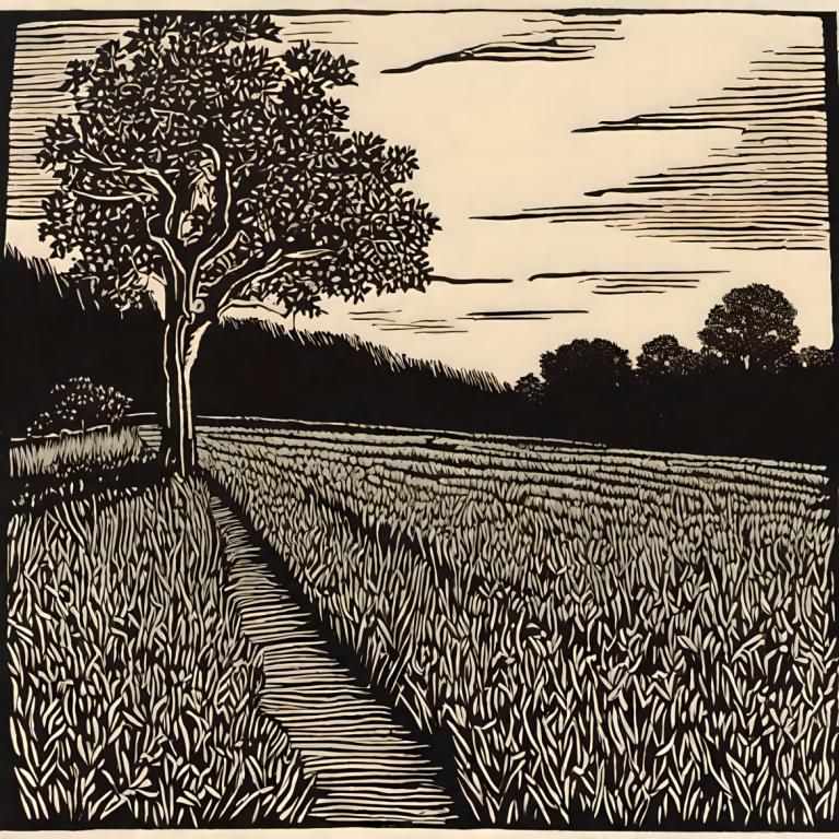 Woodcut,Woodcut, Nature, field, monochrome, tree, no humans, greyscale, outdoors, sky, cloud, plant, nature