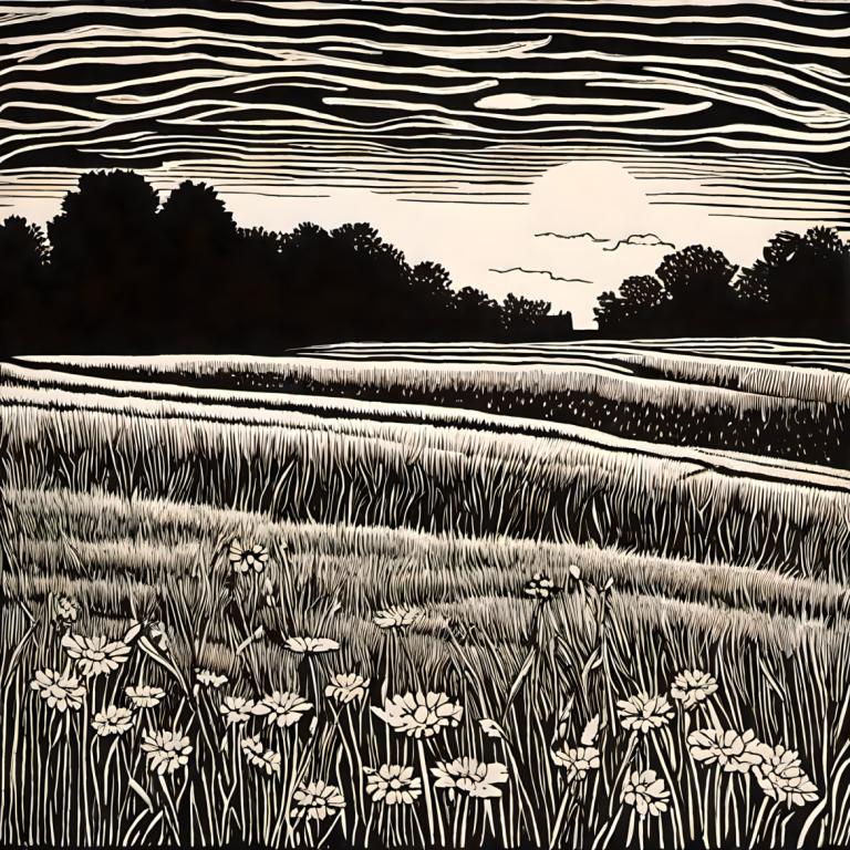 Woodcut,Woodcut, Nature, field, monochrome, greyscale, flower, no humans, outdoors