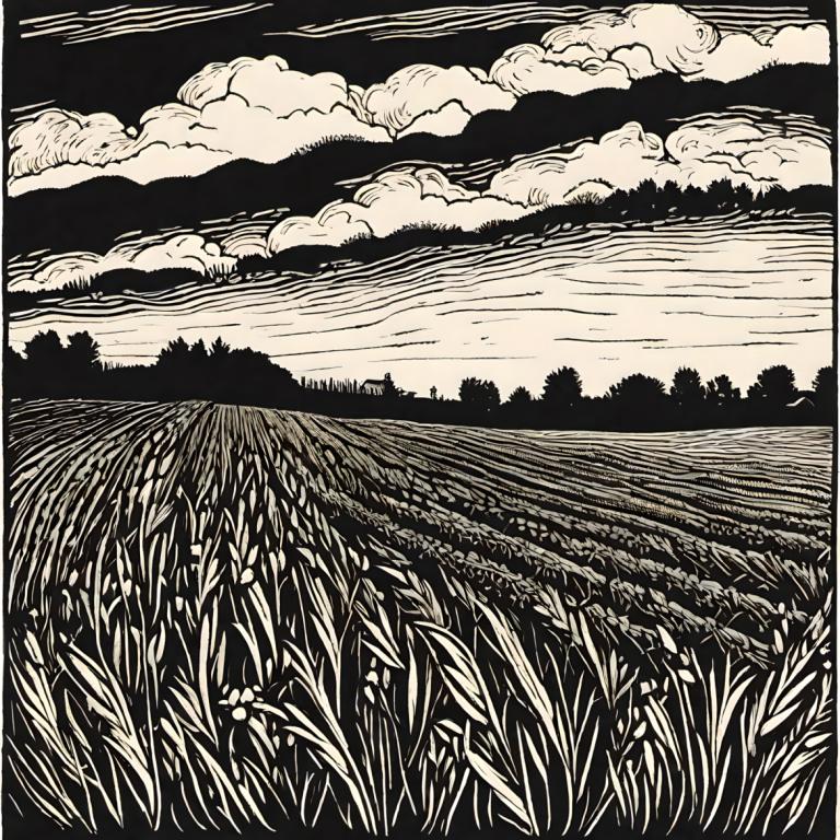 Woodcut,Woodcut, Nature, field, monochrome, no humans, cloud, sky, greyscale, outdoors, scenery, grass