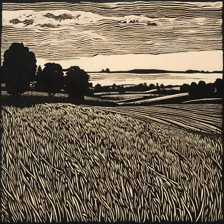 Woodcut,Woodcut, Nature, field, monochrome, no humans, outdoors, grass, sky, greyscale, cloud, field, scenery