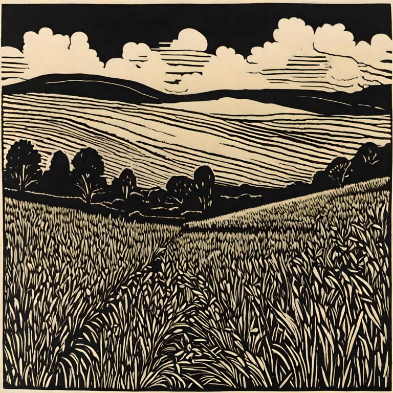 Woodcut,Woodcut, Nature, field, no humans, monochrome, cloud, sky, outdoors, scenery, grass, field, tree