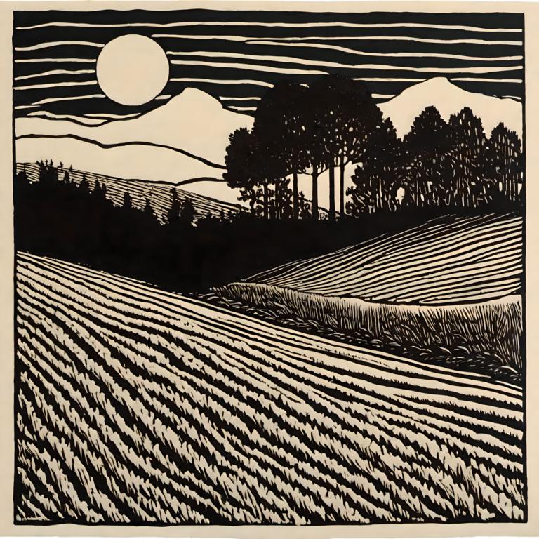 Woodcut,Woodcut, Nature, field, no humans, monochrome, outdoors, cloud, moon, border, tree, mountain, sky