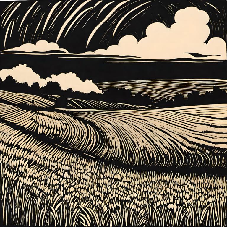 Woodcut,Woodcut, Nature, field, monochrome, no humans, cloud, sky, outdoors, ocean, scenery, greyscale, grass