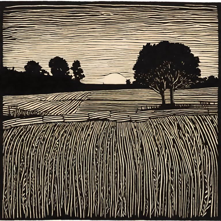 Woodcut,Woodcut, Nature, field, monochrome, no humans, tree, greyscale, outdoors