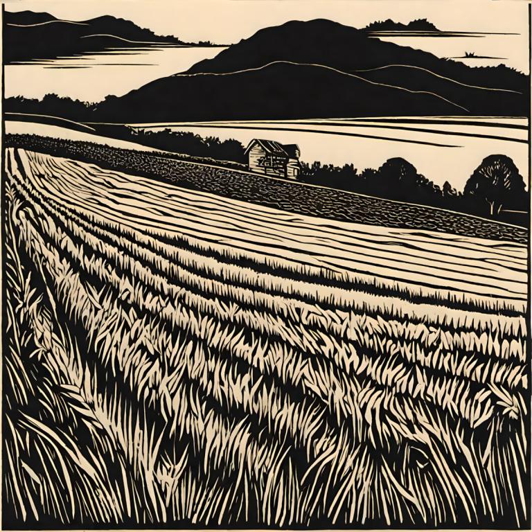 Woodcut,Woodcut, Nature, field, no humans, monochrome, scenery, grass, outdoors, mountain, river, border