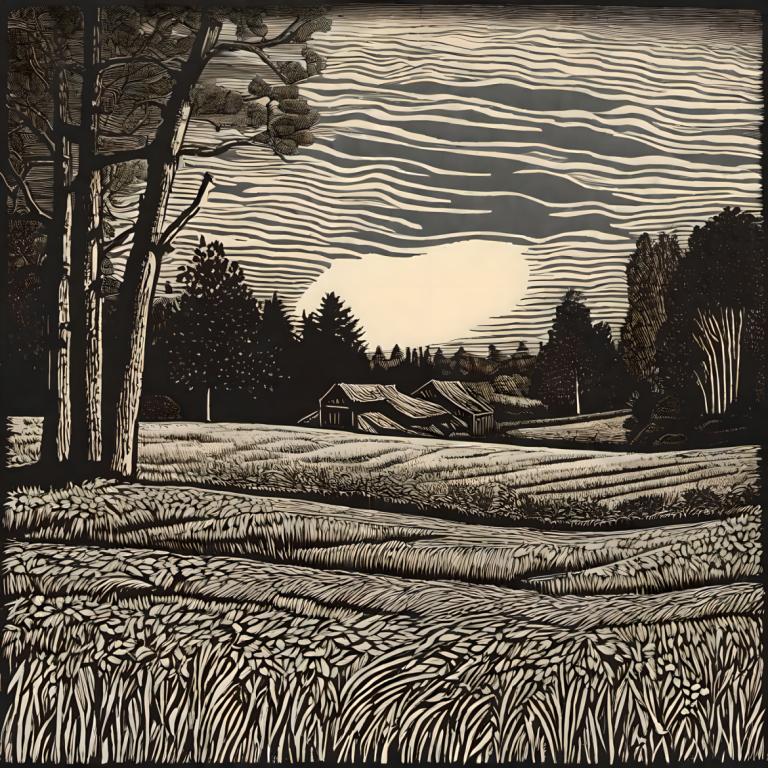 Woodcut,Woodcut, Nature, field, no humans, tree, scenery, outdoors, traditional media, grass, sky, cloud