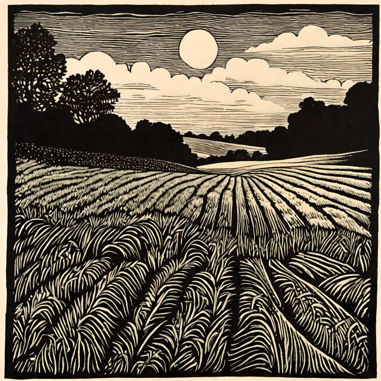 Woodcut,Woodcut, Nature, field, no humans, cloud, monochrome, sky, outdoors, border, moon, grass, tree