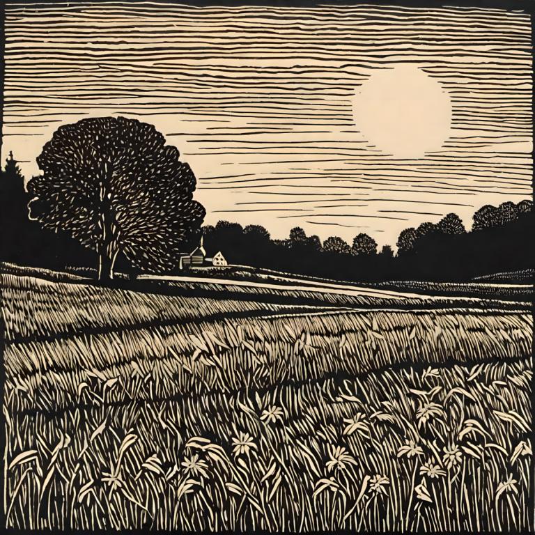 Woodcut,Woodcut, Nature, field, monochrome, greyscale, tree, no humans, outdoors, grass, scenery