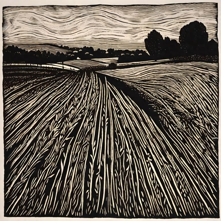 Woodcut,Woodcut, Nature, field, no humans, monochrome, border, outdoors, scenery, sky, cloud, greyscale