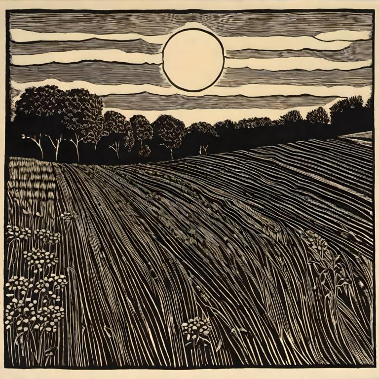 Woodcut,Woodcut, Nature, field, no humans, monochrome, outdoors, tree, grass, cloud, sky, border, scenery