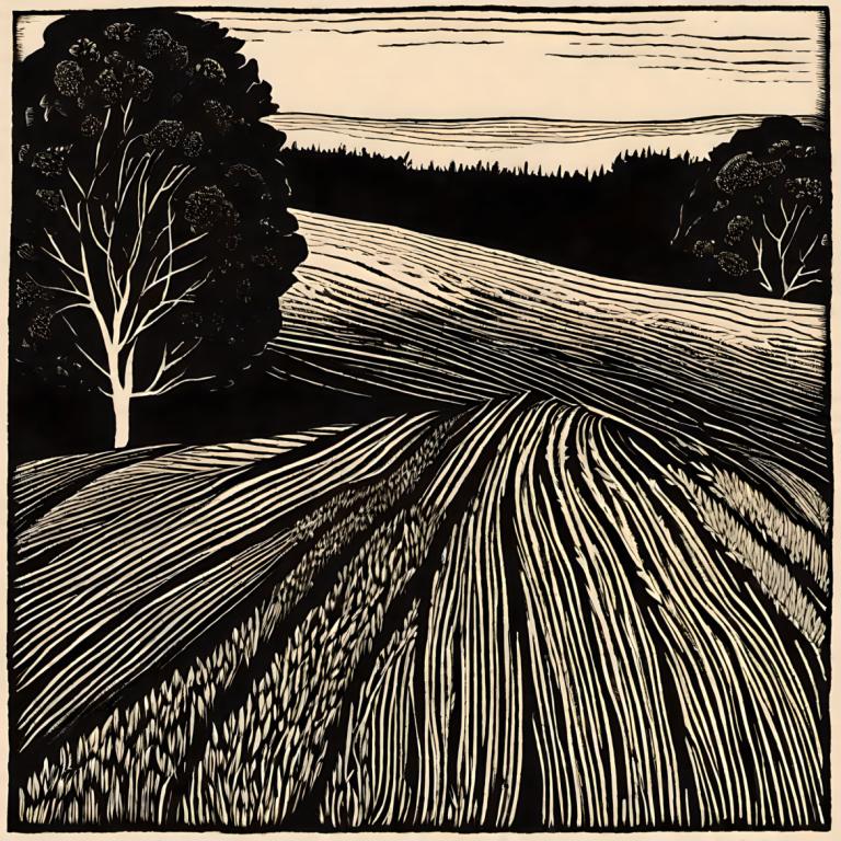 Woodcut,Woodcut, Nature, field, tree, no humans, monochrome, border, outdoors, greyscale, sky, nature