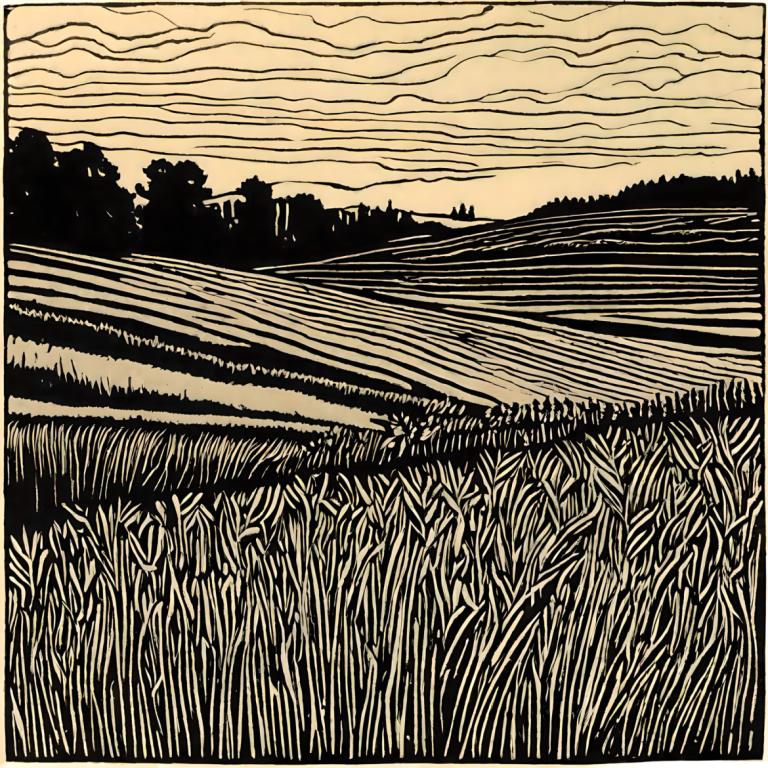 Woodcut,Woodcut, Nature, field, no humans, monochrome, cloud, outdoors, grass, sky, tree, scenery, greyscale