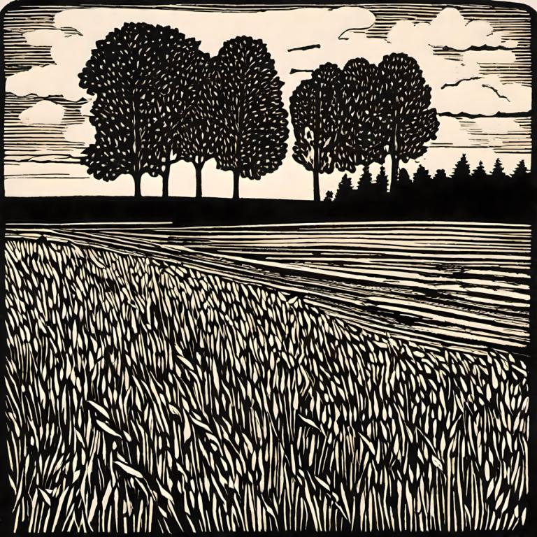 Woodcut,Woodcut, Nature, field, monochrome, tree, greyscale, no humans, cloud, outdoors, sky