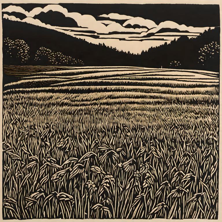 Woodcut,Woodcut, Nature, field, no humans, monochrome, outdoors, cloud, sky, scenery, grass, nature, field