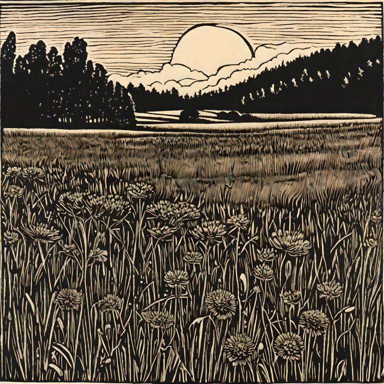 Woodcut,Woodcut, Nature, field, flower, no humans, monochrome, field, outdoors, sky, scenery, cloud, nature