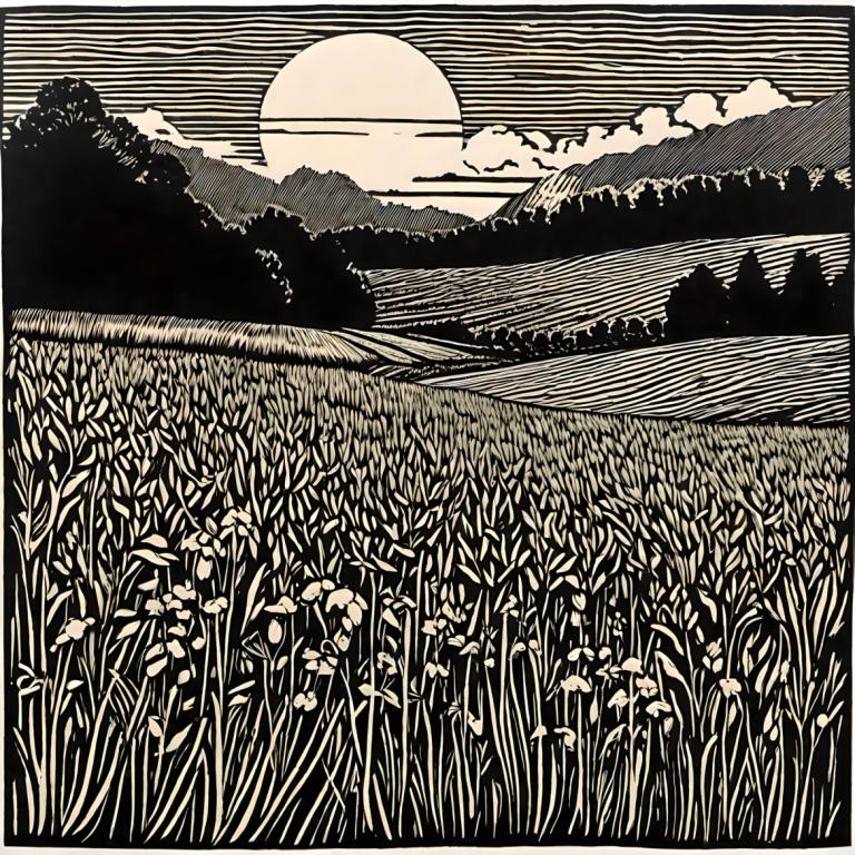 Woodcut,Woodcut, Nature, field, monochrome, greyscale, outdoors, cloud, no humans