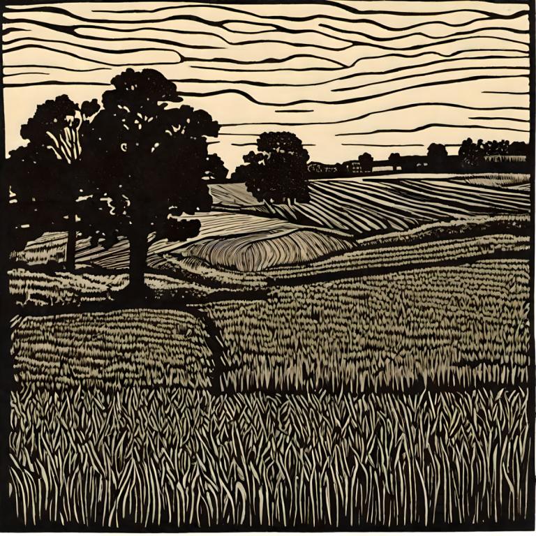 Woodcut,Woodcut, Nature, field, no humans, monochrome, grass, outdoors, tree, scenery, cloud, sky, greyscale