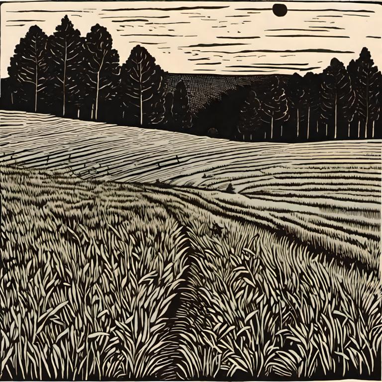 Woodcut,Woodcut, Nature, field, no humans, monochrome, tree, outdoors, greyscale, nature, grass, sky, scenery