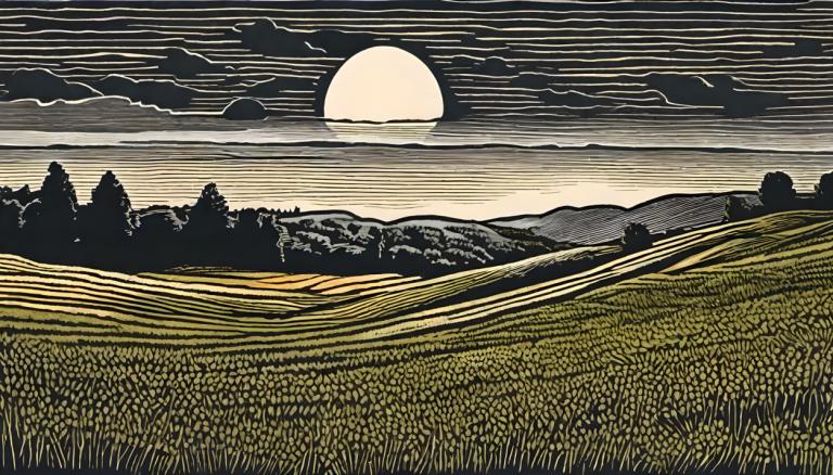 Woodcut,Woodcut, Nature, field, no humans, scenery, cloud, sky, outdoors, moon, nature, grass, field