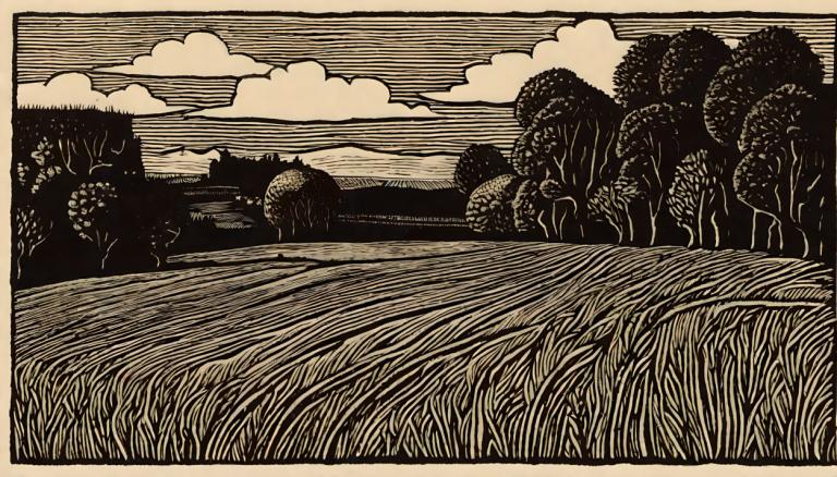 Woodcut,Woodcut, Nature, field, cloud, monochrome, tree, sky, no humans, outdoors, border, grass, scenery