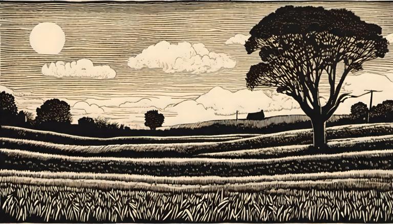 Woodcut,Woodcut, Nature, field, no humans, cloud, tree, grass, outdoors, sky, scenery, monochrome, cloudy sky