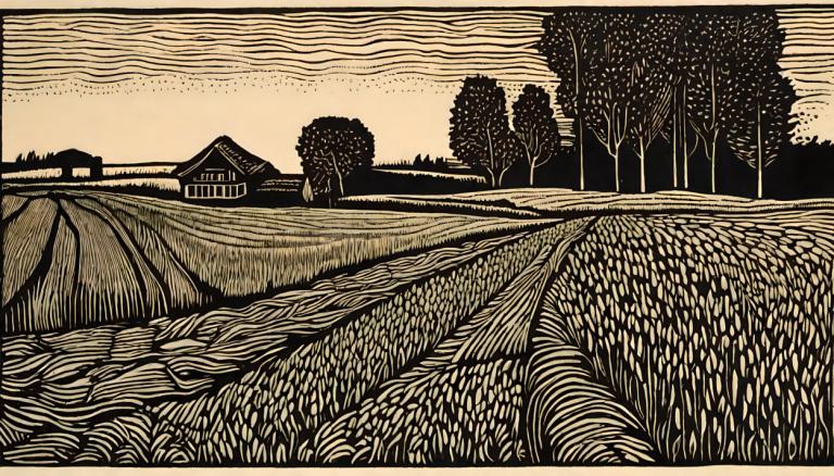 Woodcut,Woodcut, Nature, field, tree, no humans, outdoors, scenery, monochrome, house, sky, river, grass