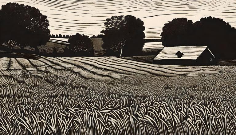 Woodcut,Woodcut, Nature, field, no humans, outdoors, grass, tree, monochrome, scenery, sky, traditional media