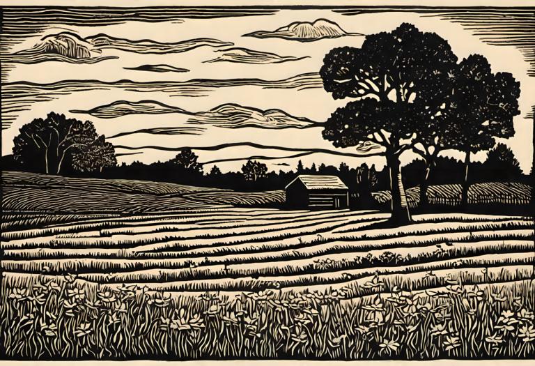 Woodcut,Woodcut, Nature, field, tree, cloud, no humans, monochrome, sky, outdoors, flower, grass, scenery