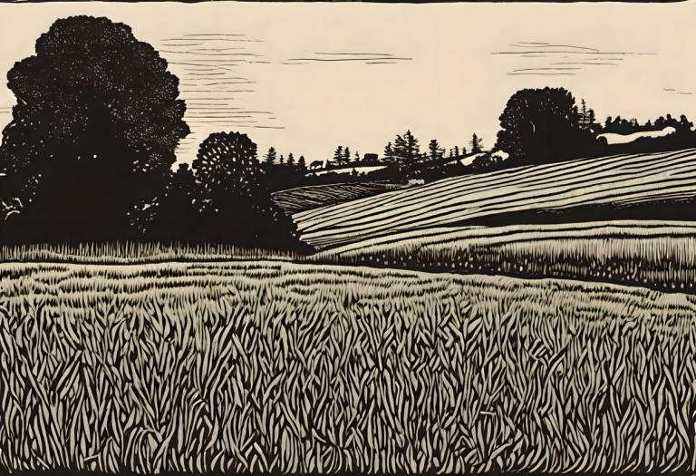 Woodcut,Woodcut, Nature, field, no humans, tree, outdoors, grass, monochrome, scenery, sky, river, border