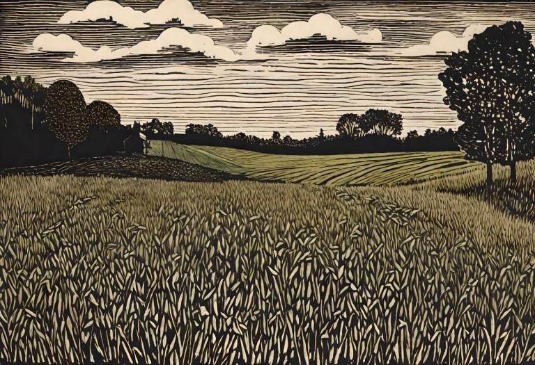 Woodcut,Woodcut, Nature, field, no humans, outdoors, tree, grass, cloud, scenery, sky, cloudy sky, field