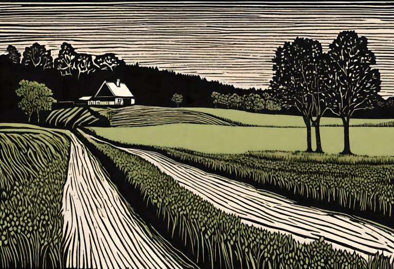 Woodcut,Woodcut, Nature, field, tree, no humans, outdoors, grass, scenery, nature, road, forest, border