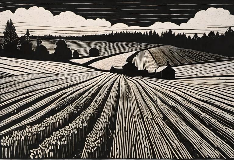 Woodcut,Woodcut, Nature, field, monochrome, cloud, outdoors, no humans, sky, scenery, tree, greyscale, flower