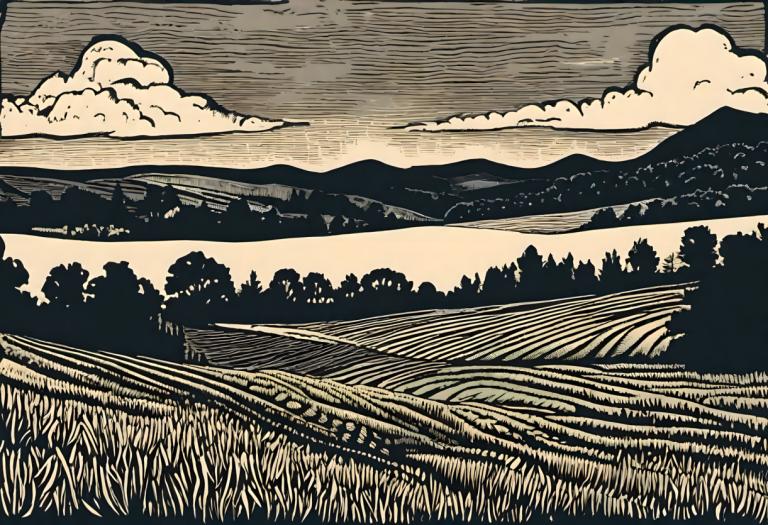 Woodcut,Woodcut, Nature, field, no humans, cloud, outdoors, sky, scenery, grass, monochrome, cloudy sky