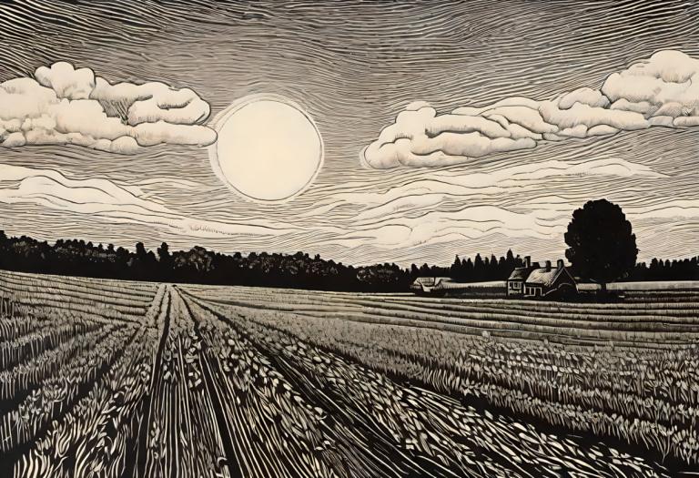 Woodcut,Woodcut, Nature, field, cloud, monochrome, scenery, sky, outdoors, traditional media, tree, no humans