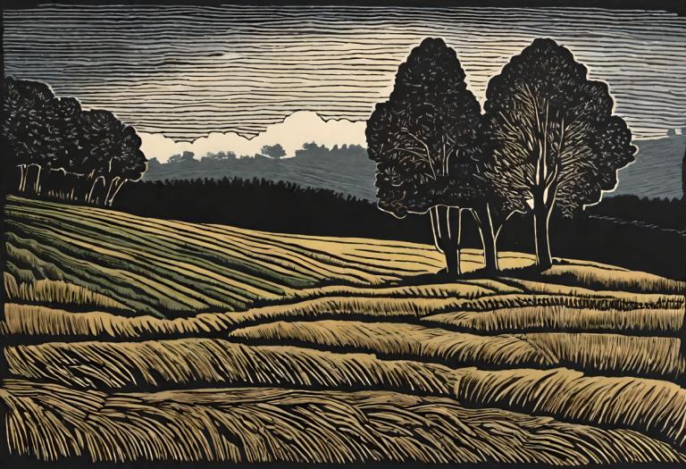 Woodcut,Woodcut, Nature, field, no humans, tree, outdoors, scenery, cloud, sky, black border, grass, nature