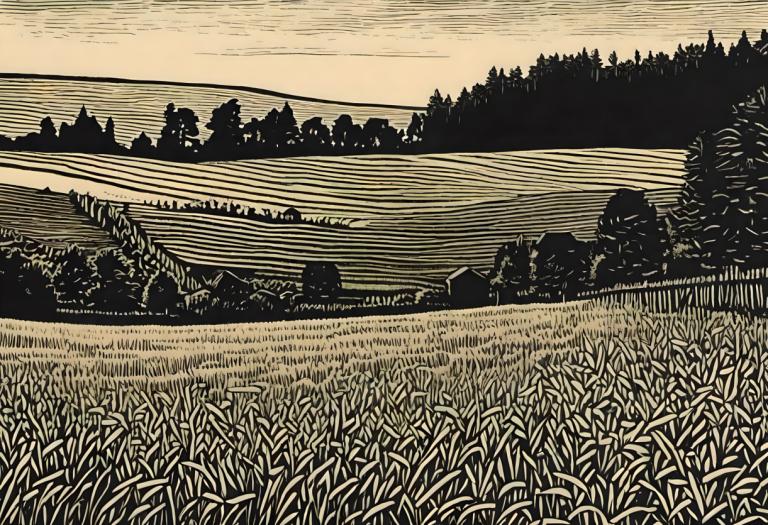 Woodcut,Woodcut, Nature, field, no humans, outdoors, tree, scenery, grass, nature, river, lake, forest, sky