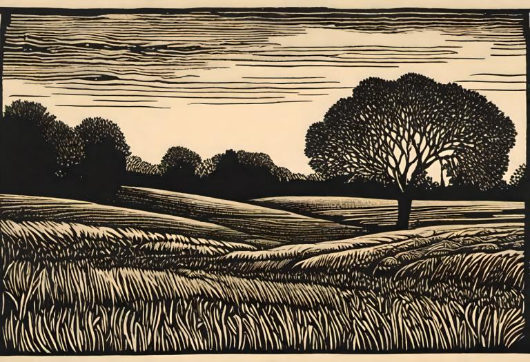 Woodcut,Woodcut, Nature, field, no humans, tree, grass, outdoors, monochrome, sky, cloud, scenery, border