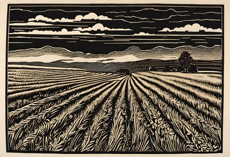 Woodcut,Woodcut, Nature, field, monochrome, cloud, no humans, outdoors, sky, grass, border, scenery, mountain