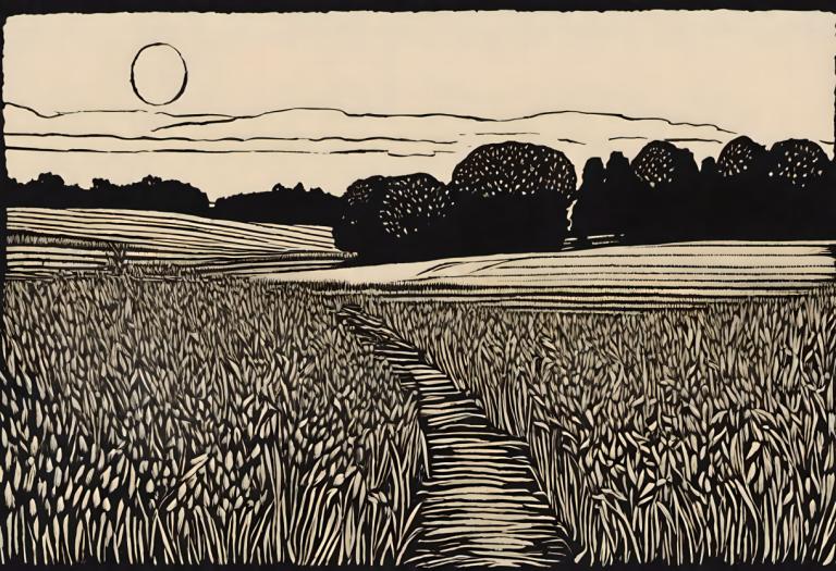 Woodcut,Woodcut, Nature, field, no humans, monochrome, moon, outdoors, black border, sky, cloud, grass