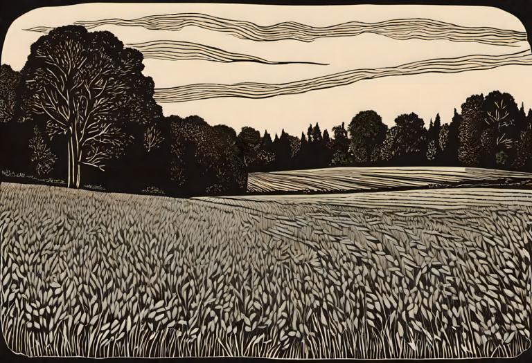 Woodcut,Woodcut, Nature, field, tree, no humans, outdoors, scenery, black border, sky, cloud, border, grass