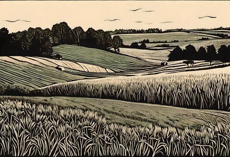 Woodcut,Woodcut, Nature, field, no humans, outdoors, grass, scenery, tree, river, sky, nature, monochrome