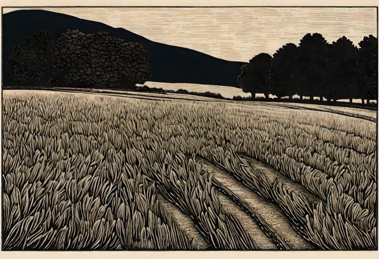 Woodcut,Woodcut, Nature, field, no humans, outdoors, grass, scenery, monochrome, tree, border, sky