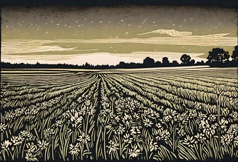 Woodcut,Woodcut, Nature, field, no humans, scenery, sky, flower, outdoors, tree, field, cloud, star (sky)