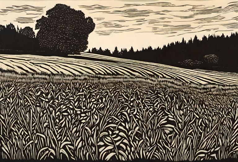 Woodcut,Woodcut, Nature, field, no humans, outdoors, scenery, sky, tree, nature, cloud, grass, monochrome