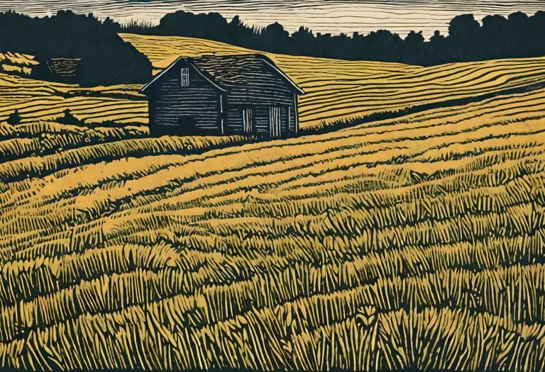 Woodcut,Woodcut, Nature, field, no humans, outdoors, scenery, grass, field, sky, border, nature, tree, cloud