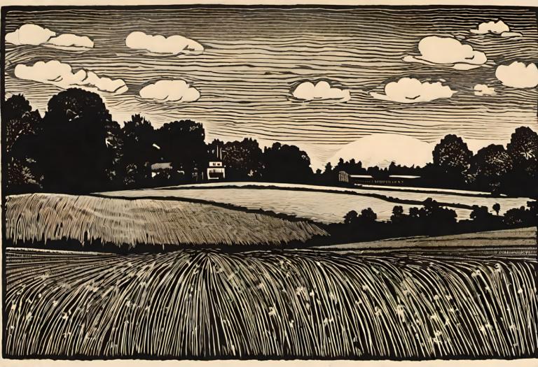 Woodcut,Woodcut, Nature, field, cloud, no humans, monochrome, outdoors, sky, tree, scenery, grass, cloudy sky