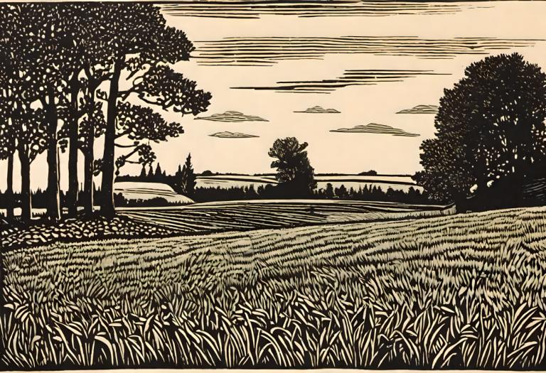 Woodcut,Woodcut, Nature, field, no humans, tree, grass, outdoors, scenery, sky, cloud, monochrome, nature