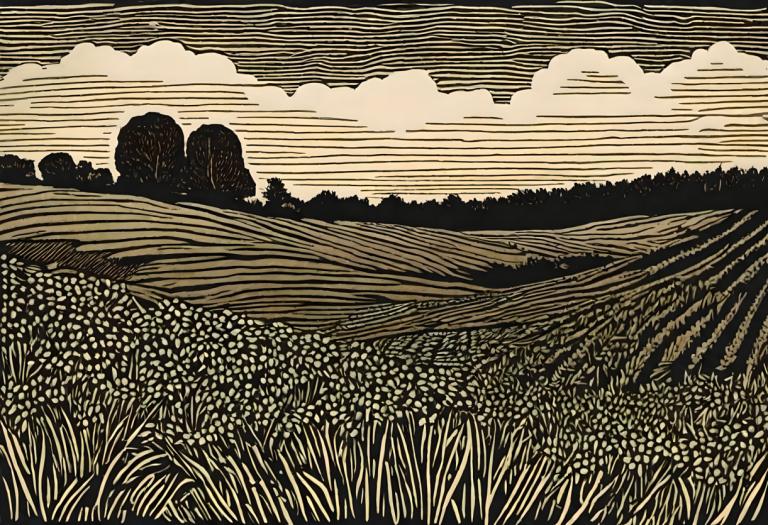 Woodcut,Woodcut, Nature, field, no humans, cloud, outdoors, sky, scenery, field, grass, nature, cloudy sky