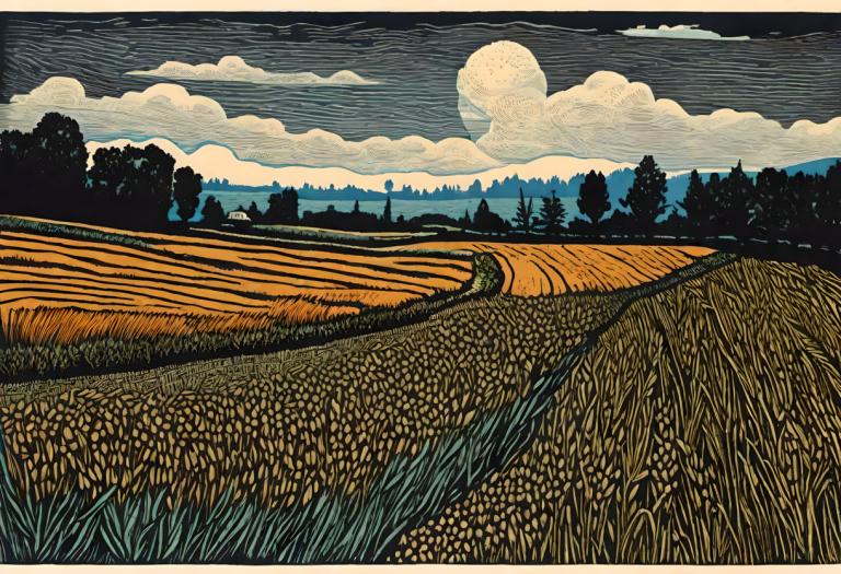 Woodcut,Woodcut, Nature, field, no humans, cloud, outdoors, sky, scenery, moon, cloudy sky, tree, grass