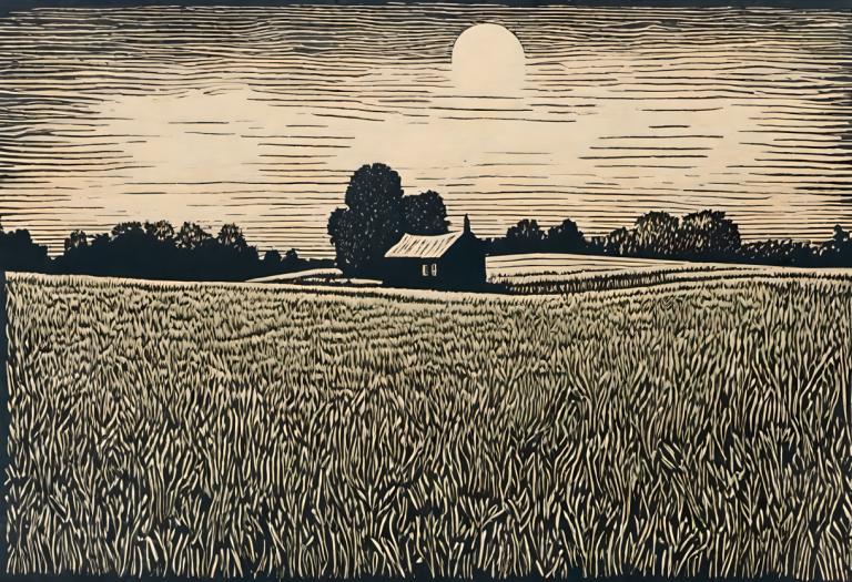 Woodcut,Woodcut, Nature, field, monochrome, outdoors, no humans, sky, cloud, grass, scenery, tree, border